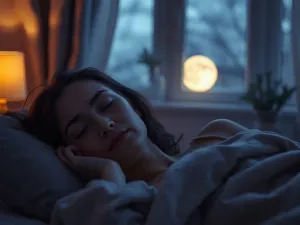 Kobieta spokojnie śpiąca w przytulnej sypialni o świcie, co podkreśla znaczenie zdrowego i regenerującego snu.